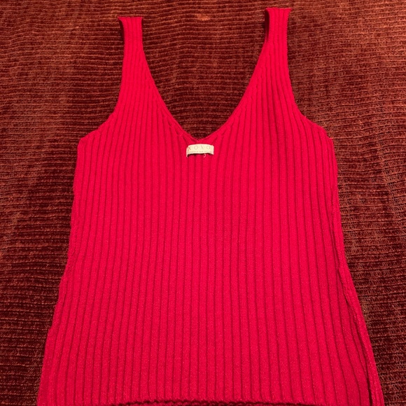 Red Ribbed Sleeveless V-Neck Crop Top - Picture 6 of 6